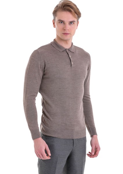 Vizon Regular Fit Düz Polo Yaka Yün Triko Kazak
