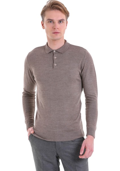 Vizon Regular Fit Düz Polo Yaka Yün Triko Kazak