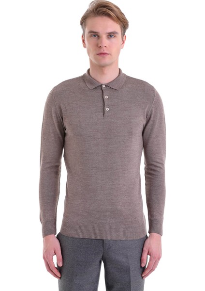 Vizon Regular Fit Düz Polo Yaka Yün Triko Kazak