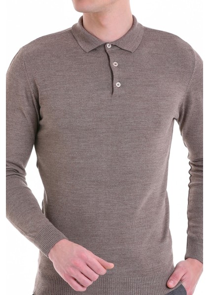 Vizon Regular Fit Düz Polo Yaka Yün Triko Kazak