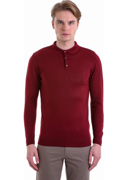 Bordo Regular Fit Düz Polo Yaka Yün Triko Kazak modelleri