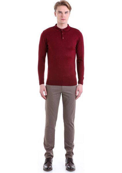 Bordo Regular Fit Düz Polo Yaka Yün Triko Kazak fırsatları