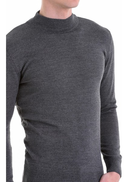 Gri Regular Fit Düz Yarım Balıkçı Yaka Yün Triko Kazak