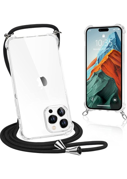 Apple iPhone 14 PRO MAX Kılıf Boyun - Omuz Askılı Köşe Korumalı Siyah iPli Kordonlu Anti Şok Şeffaf Silikon