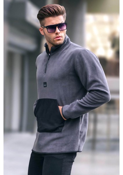 Füme Fermuar Yakalı Kanguru Cep Detaylı Polar 6018