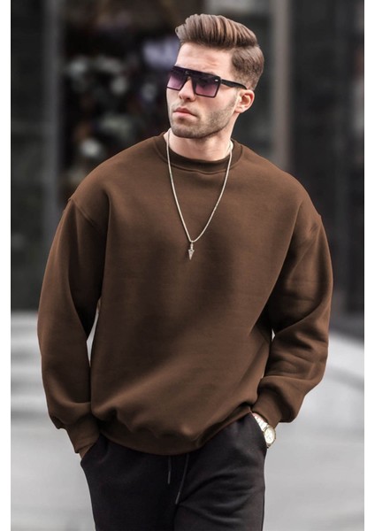 Kahverengi Bisiklet Yaka Oversize Şardonlu Basic Erkek Sweatshirt 6048