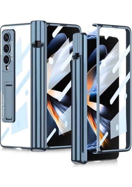 Samsung Galaxy Z Fold 4 Kılıf Kıpta Standlı Kalem Bölmeli Kalem Çıkmaz Mavi