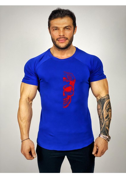 Yarım Kurukafa Kırmızı Baskılı Fitness T-Shirt