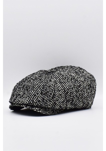 Erkek Yünlü Zikzak Desenli Kasket Şapka Siyah
