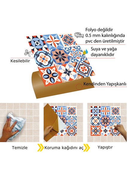 Kendinden Yapışkanlı Tezgah Arası Kaplama Meksika 019 Karma Desenli Pvc Karo 30X30 cm 56 Adet 5m2