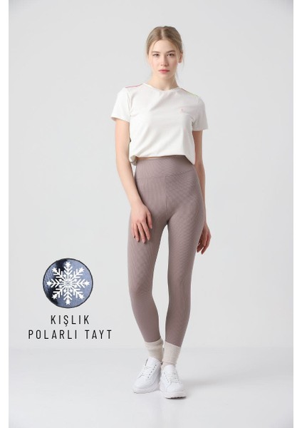 Kışlık Polarlı Fitilli Kadın Yüksek Bel Dikişsiz Tayt
