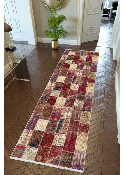yolluk Koridor Bordo Dijital Baskı Patchwork Kaymaz Yuvarlak Oval Kesme Ince Yıkanabilir Halı