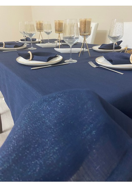 Simli Dertsiz Salon Masa Örtüsü Lacivert 13 Parça