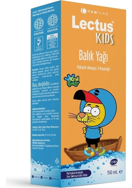 Tab Ilaç Lectus Kids Kral Şakir Omega 3 Şurup Portakal Aromalı Balık Yağı Şrubu 150 Ml