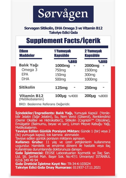 Smart Sitikolin, Dha Omega 3 Norveç Balık Yağı Ve B12 (30 Kapsül)