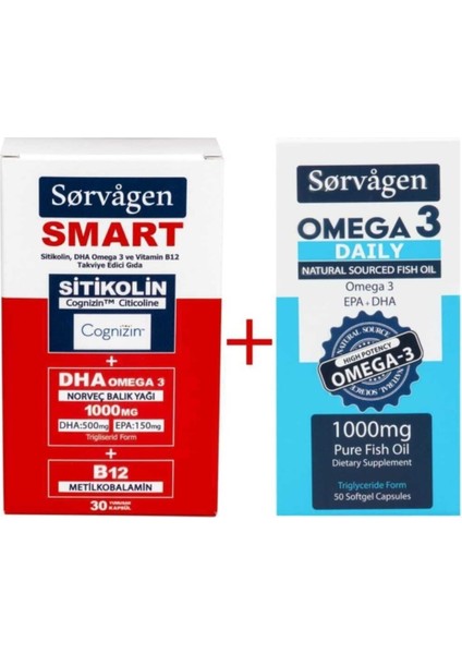 Smart Sitikolin Dha Omega 3, B12 30 Kapsül Ve Omega 3 Daily Saf Balık Yağı, 50 Kapsül, 100