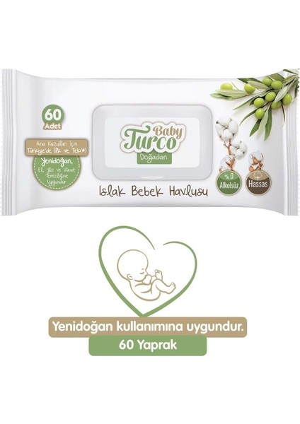 Baby Turco Islak Havlu Mendil Yenidoğan 60 Yaprak Doğadan 12 'li Set (4pk*3) 720 Yaprak Pls Kapaklı