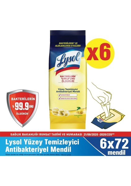 Yüzey Temizleyici Antibakteriyel Islak Mendil 6X72’'lı 432 Yaprak