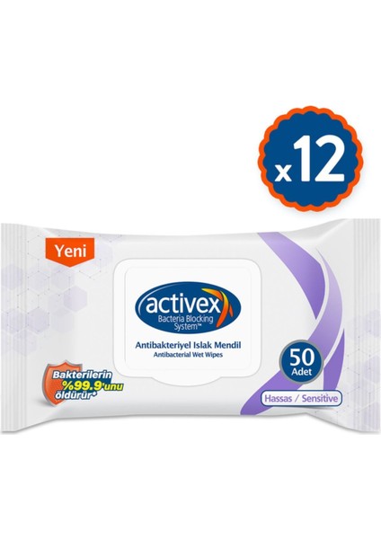 Antibakteriyel Islak Mendil Hassas 50  AdetX12 Paket 600 Yaprak Activex