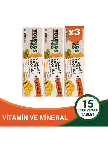 Pro Vitamin C, D, Çinko & Propolis 15 Efervesan Tablet 3 Adet