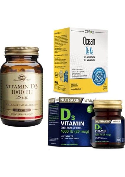 D3 Vitamini 1000 Iu 100 Kapsül+Nutraxin D3 Vitamini 120 Tablet+Ocean D3 K2 Vitamin Damla 20