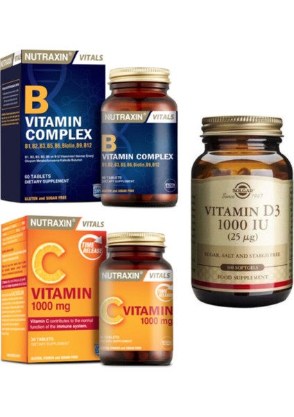 D3 Vitamini 1000 Iu 100 Kapsül+Nutraxin B Vitamin Complex 60 Tablet+C Vitamini 1000 Mg 30 Ta