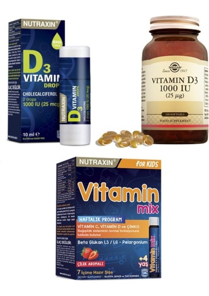 Vitamin D3 1000 Iu 100 Kapsül + Nutraxin Vitamin D3 Drops(1000 Iu) + Vitamin Mix