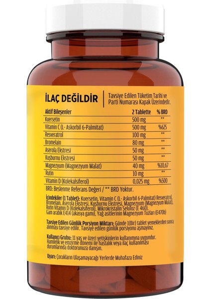 Quercetin Ester C Resveratrol Bromelain Vitamin D Magnezyum Aserola 60 Tablet