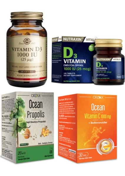 D3 Vitamini 100 Kapsül + Nutraxin D3 Vitamini 120 T.+Ocean Propolis Sprey 20 Ml+C Vitamini 3
