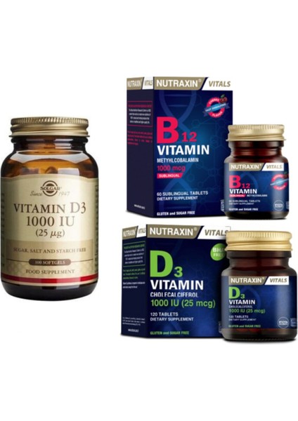 D3 Vitamini 1000 Iu 100 Kapsül+Nutraxin Vitamin B12 60 Dilaltı Tab.+Nutraxin D3 Vitamini 120