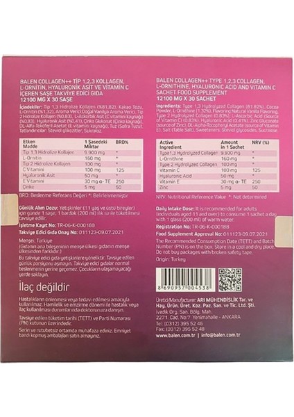 Collagen Tip 1,2,3 L-Ornitin Hyaluronik Asit C Vitamini 12100 Mg 30 Şase