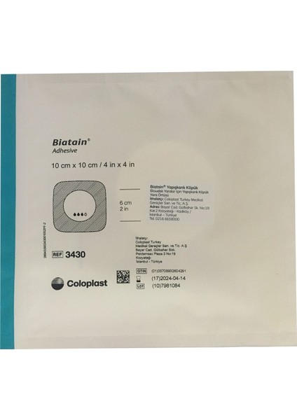 Coloplast (5 Adet) 33430 Biatain Yapışkanlı Köpük yaara Örtüsü 10cm X 10cm