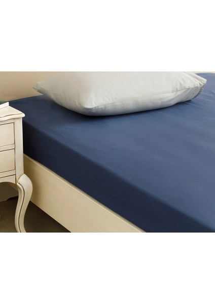 Düz Pamuklu Tek Kişilik Plus Lastikli Çarşaf 120 x 200 cm Gece Mavisi