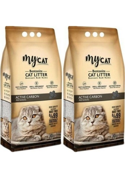 Aktif Karbon Topaklaşan Bentonit Kedi Kumu 10 Lt X2 Adet Karbonlu Kedi Kumu