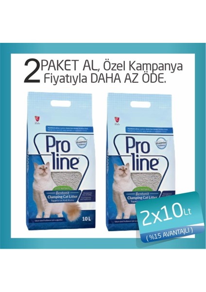 Pro Line Parfümsüz Topaklanan Bentonit Kedi Kumu 2X10 Lt