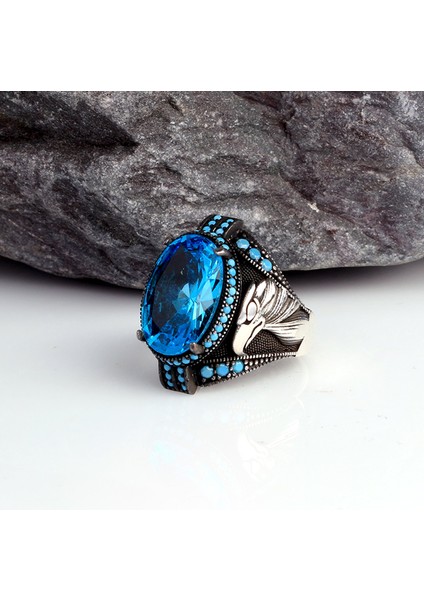 Blue Topaz Taşlı Kartal Model Erkek Gümüş Yüzük