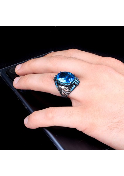 Blue Topaz Taşlı Kartal Model Erkek Gümüş Yüzük fiyatları