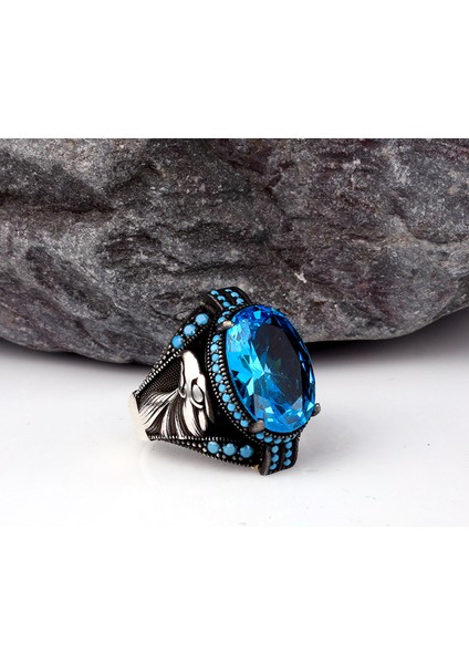 Blue Topaz Taşlı Kartal Model Erkek Gümüş Yüzük modelleri