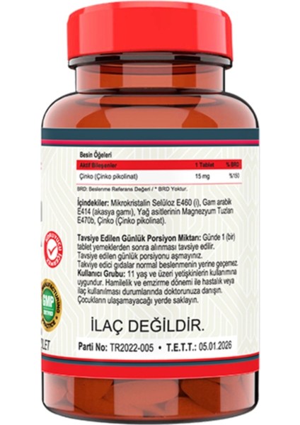 Zinc Çinko Pikolinat 15 Mg 120 Tablet fiyatları