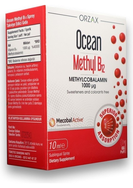 Ocean Ocean Methyl B12 1000 Mg 10 Ml Dilaltı Sprey / 66 Doz modelleri