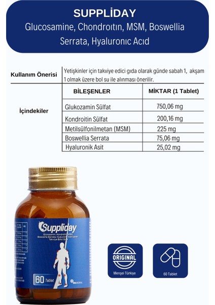 60 Tablet Glukozamin Kondroitin Msm Hyaluronik Asit Içeren Takviye Edici Gıda fırsatları