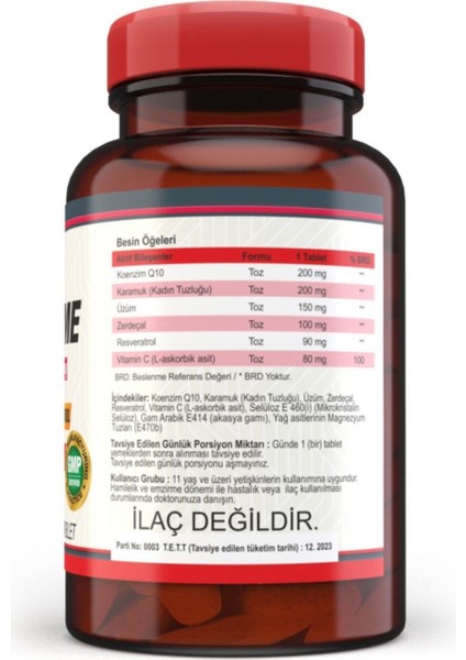 Coenzyme Q10 200 Mg 120 Tablet Resveratrol Üzüm Zerdeçal Karamuk