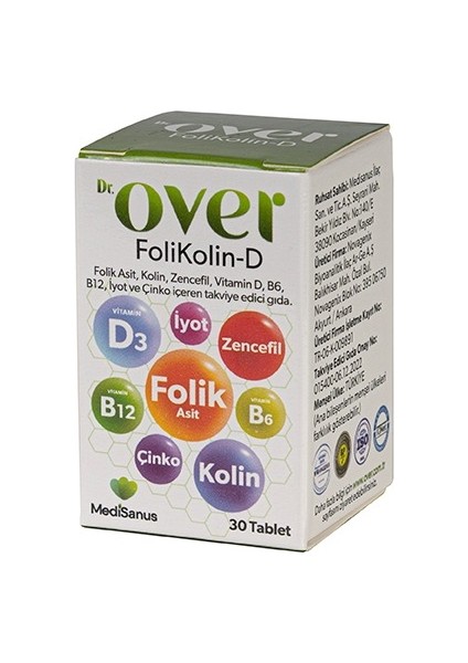 Dr. Over Folikolin-d Folik Asit, Kolin, Zencefil, Vitd, B6, B12, Iyot Ve Çinko Içeren Gıda Takviyesi