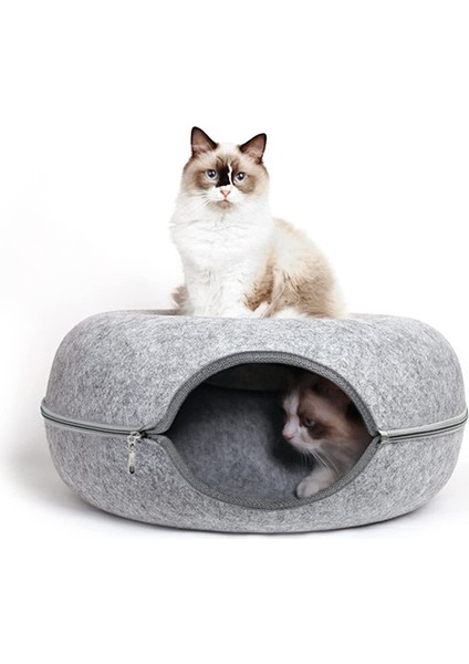 Kedi Tüneli Yuvarlak Donut Mağarası Yatak Sert Keçe Fermuarlı Yastık