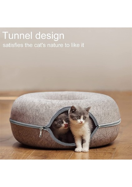 Kedi Tüneli Yuvarlak Donut Mağarası Yatak Sert Keçe Fermuarlı Yastık