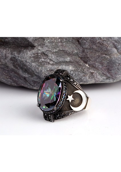 Blue Topaz Taşlı Ay Yıldız Model Erkek Gümüş Yüzük