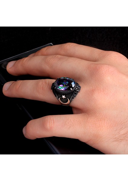 Blue Topaz Taşlı Ay Yıldız Model Erkek Gümüş Yüzük modelleri