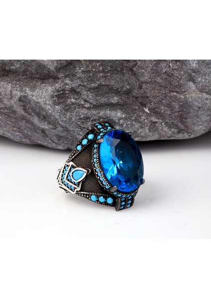 Blue Topaz Taşlı Erkek Gümüş Yüzük