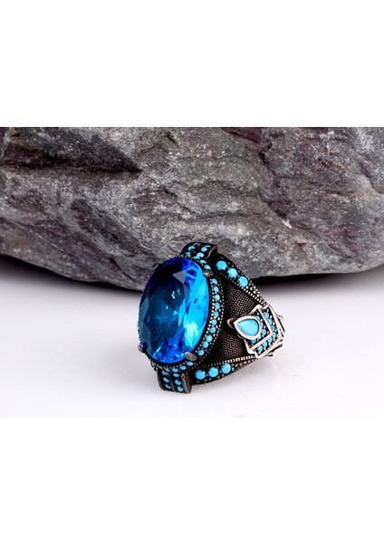 Blue Topaz Taşlı Erkek Gümüş Yüzük
