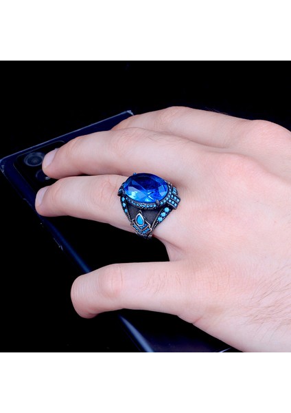 Blue Topaz Taşlı Erkek Gümüş Yüzük